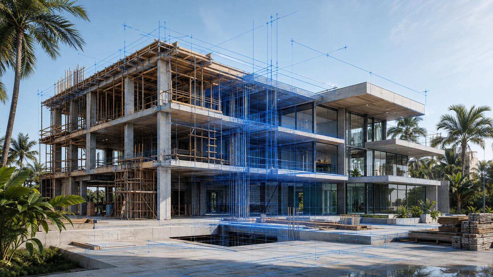 Obra em construção com sobreposição técnica de projeto e etapas do processo