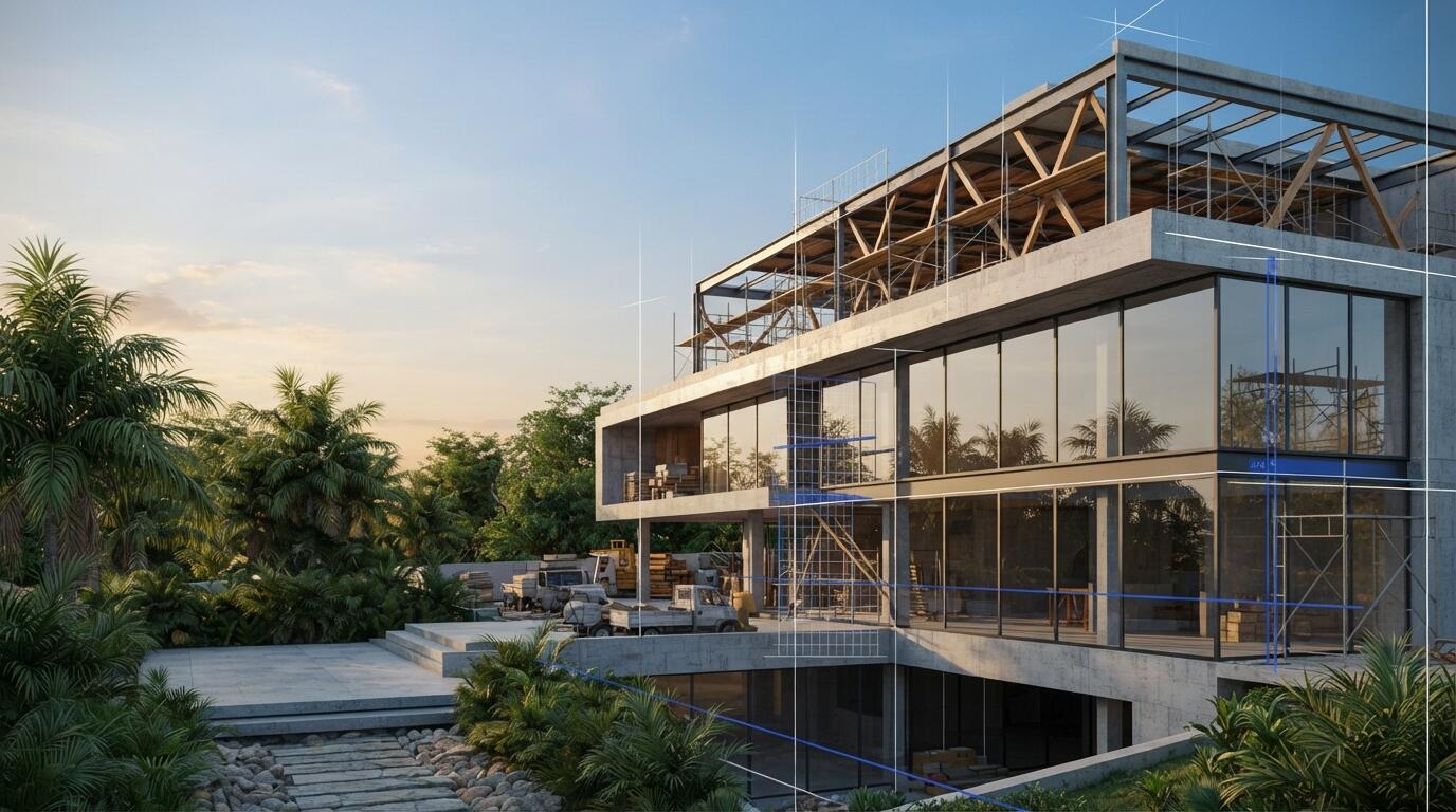 Obra residencial em construção com estrutura em concreto e vidro