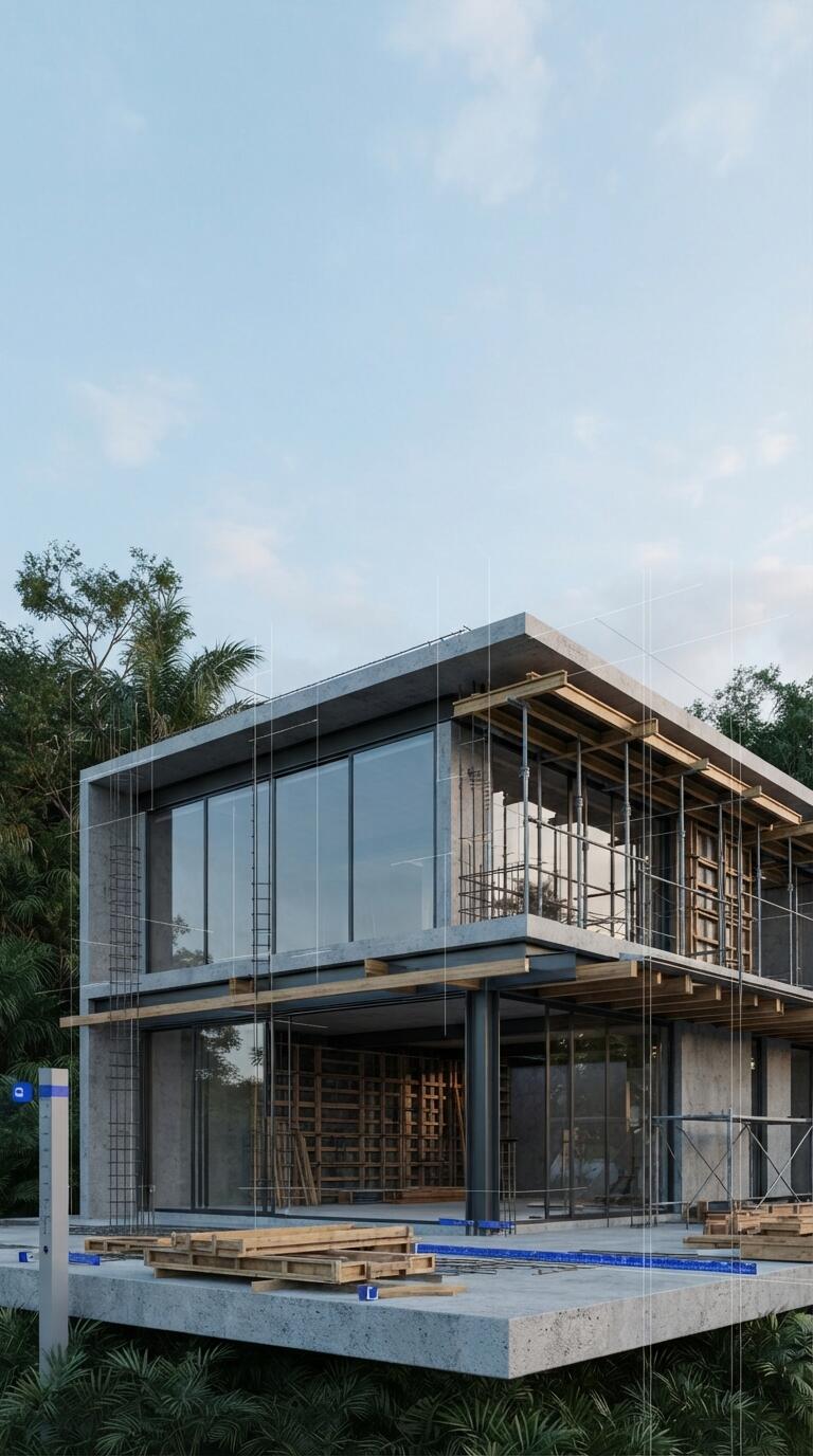 Obra residencial em construção com estrutura em concreto e vidro